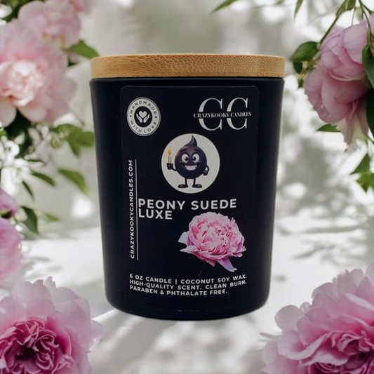 PEONY SUEDE LUXE - Funny Candle, Scented Coconut Soy Candle, 6oz - CrazyKooky Candles LLC
