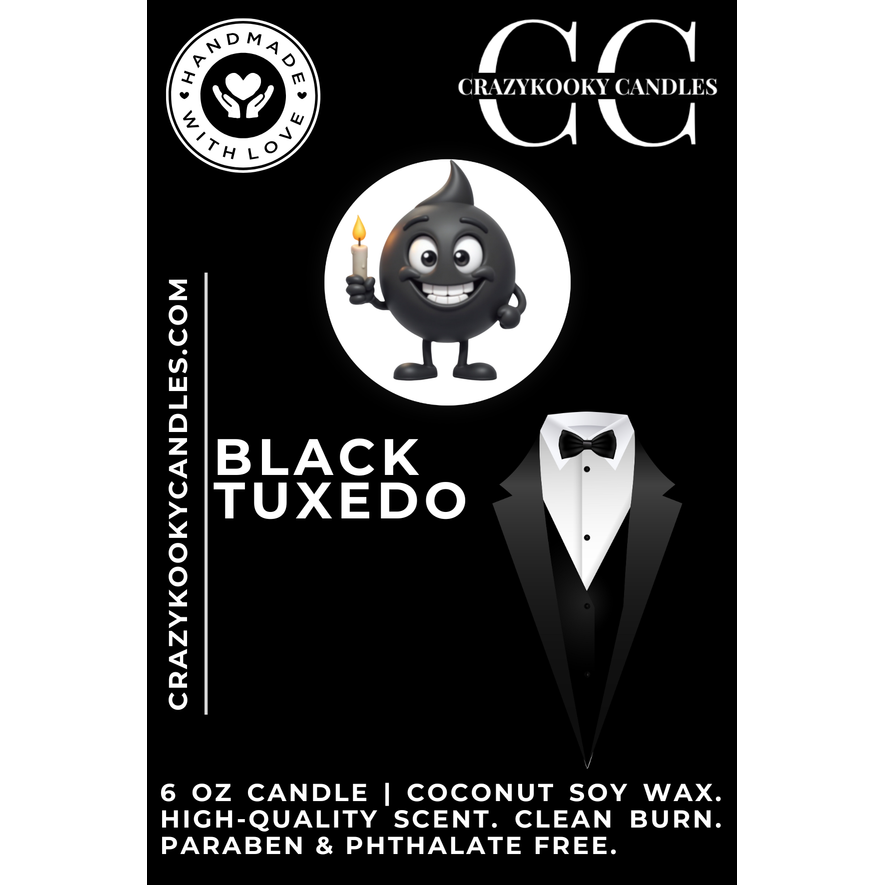 BLACK TUXEDO - Funny Candle, Scented Coconut Soy Candle, 6oz - CrazyKooky Candles LLC