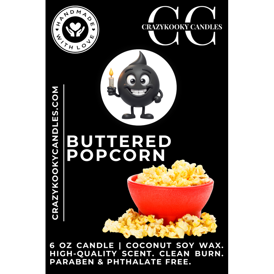 BUTTERED POPCORN - Funny Candle, Scented Coconut Soy Candle, 6oz - CrazyKooky Candles LLC