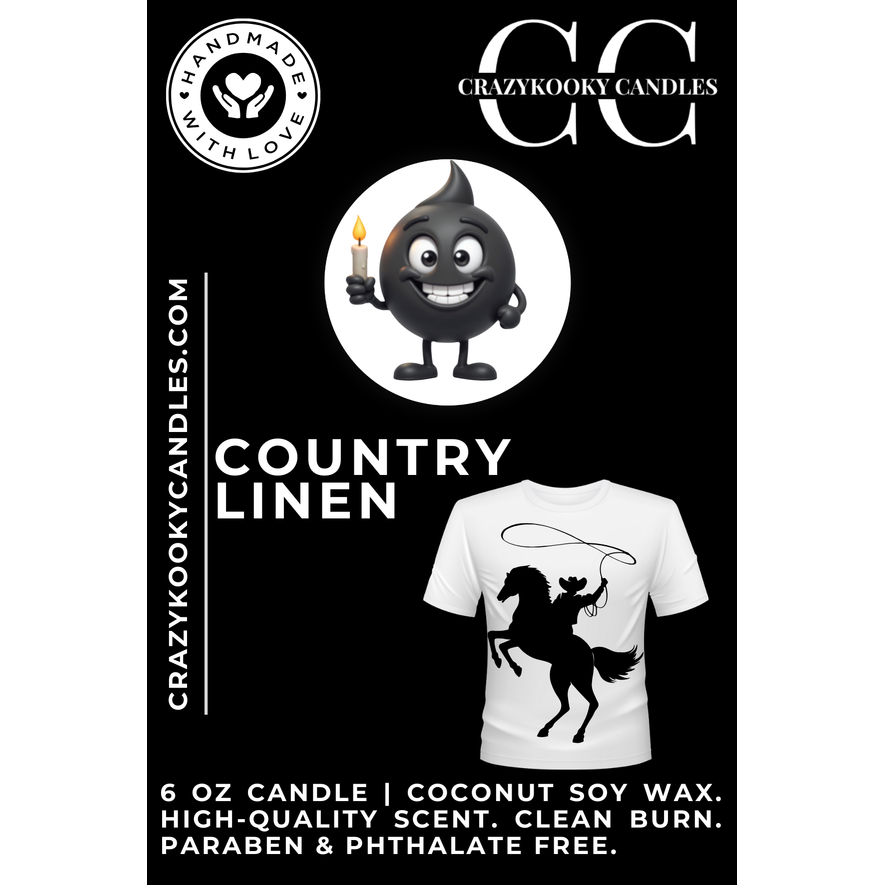 COUNTRY LINEN - Funny Candle, Scented Coconut Soy Candle, 6oz - CrazyKooky Candles LLC