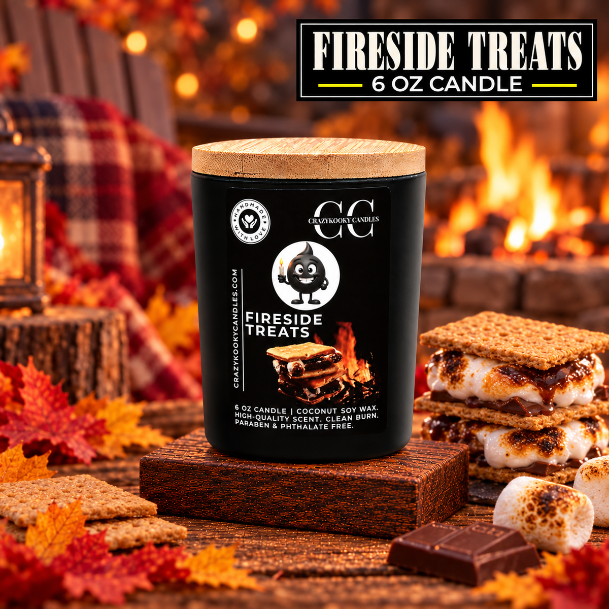 FIRESIDE TREATES - Funny Candle, Scented Coconut Soy Candle, 6oz - CrazyKooky Candles LLC