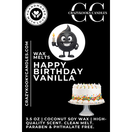 HAPPY BIRTHDAY VANILLA - Wax Melts, Scented Coconut Soy, 3.5oz - CrazyKooky Candles LLC