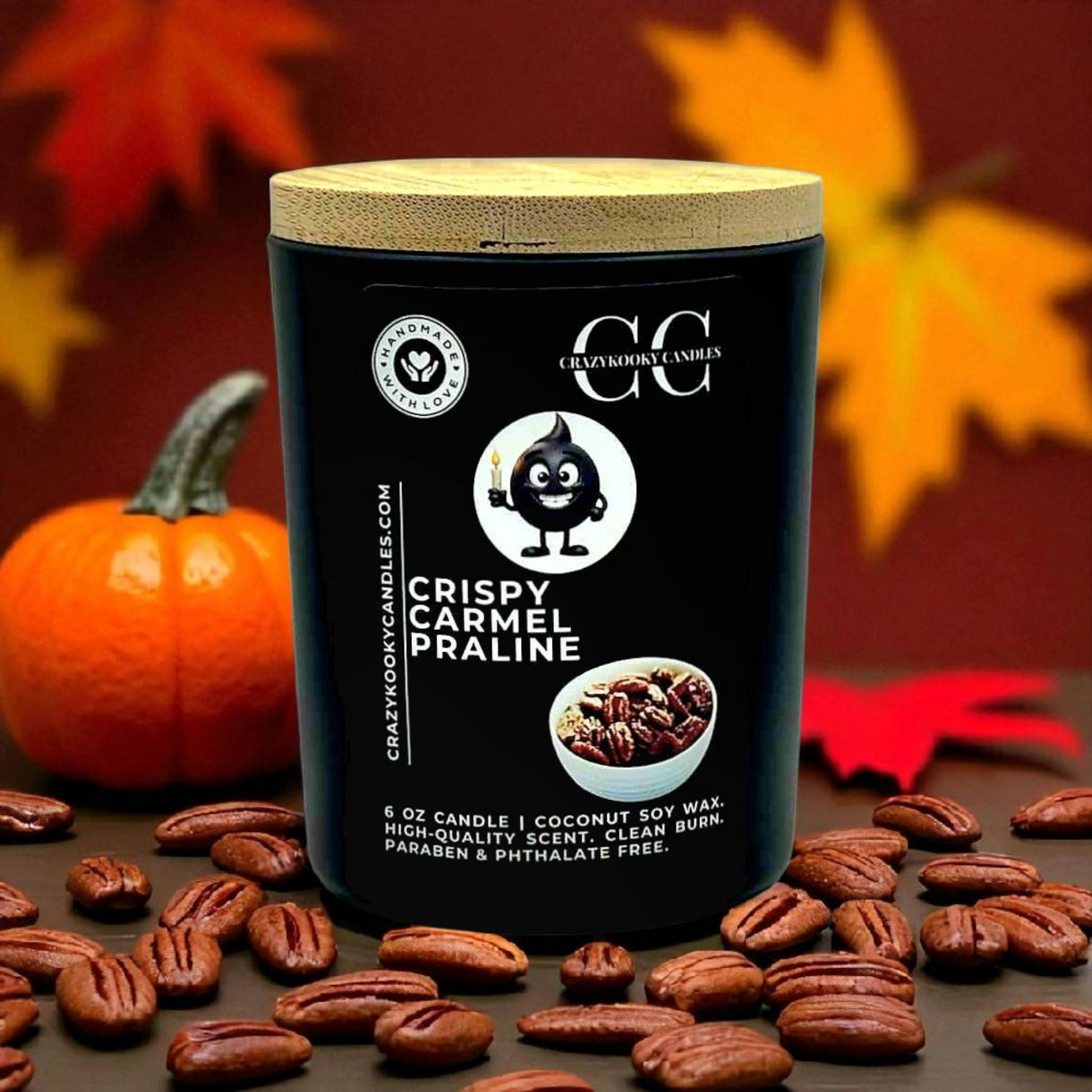 CRISPY CARMEL PRALINE - Funny Candle, Scented Coconut Soy Candle, 6oz - CrazyKooky Candles LLC