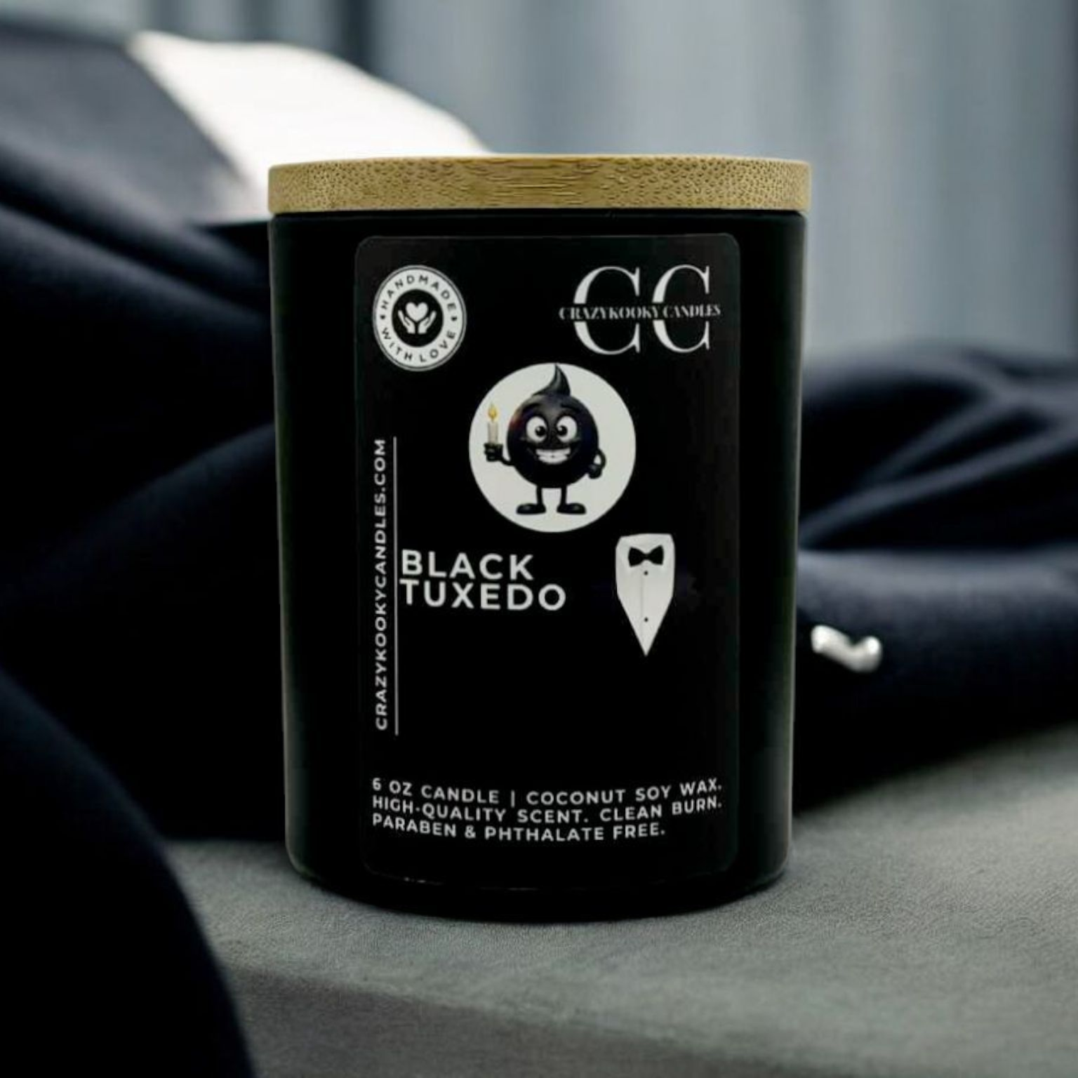 BLACK TUXEDO - Funny Candle, Scented Coconut Soy Candle, 6oz - CrazyKooky Candles LLC