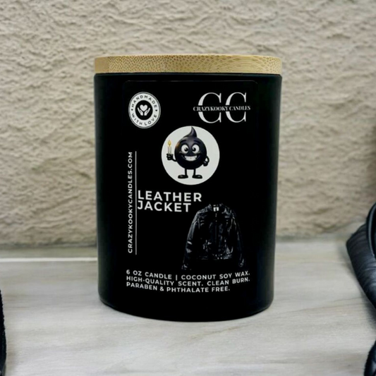 LEATHER JACKET - Funny Candle, Scented Coconut Soy Candle, 6oz - CrazyKooky Candles LLC