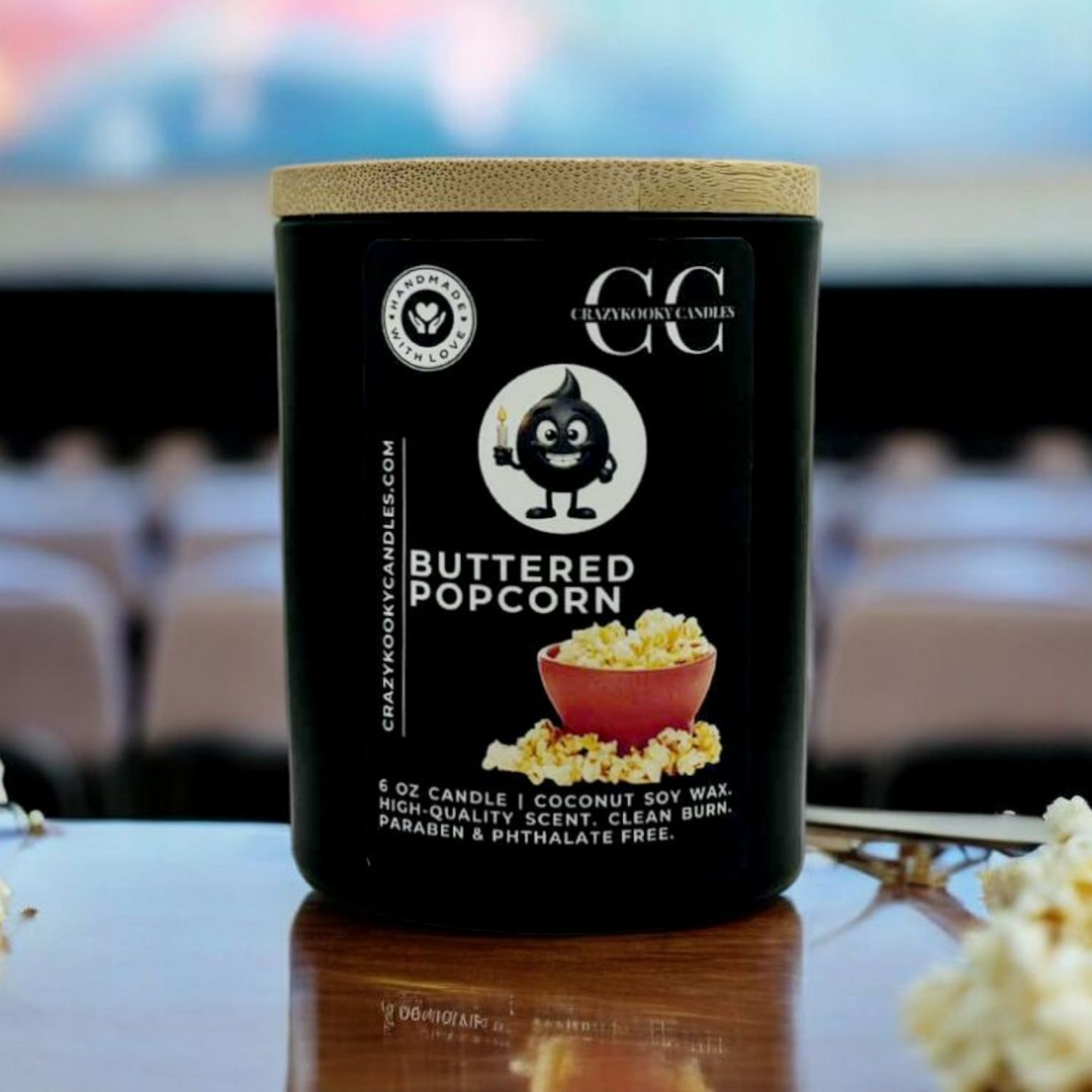 BUTTERED POPCORN - Funny Candle, Scented Coconut Soy Candle, 6oz - CrazyKooky Candles LLC