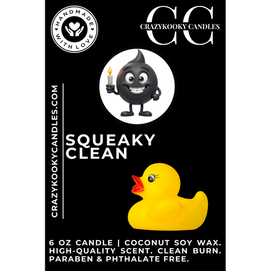 SQUEAKY CLEAN - Funny Candle, Scented Coconut Soy Candle, 6oz - CrazyKooky Candles LLC