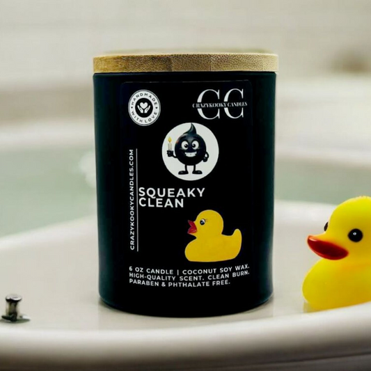 SQUEAKY CLEAN - Funny Candle, Scented Coconut Soy Candle, 6oz - CrazyKooky Candles LLC