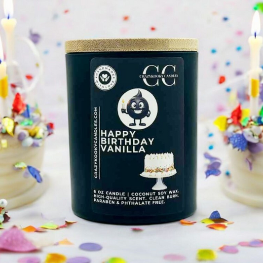 HAPPY BIRTHDAY VANILLA - Funny Candle, Scented Coconut Soy Candle, 6oz - CrazyKooky Candles LLC