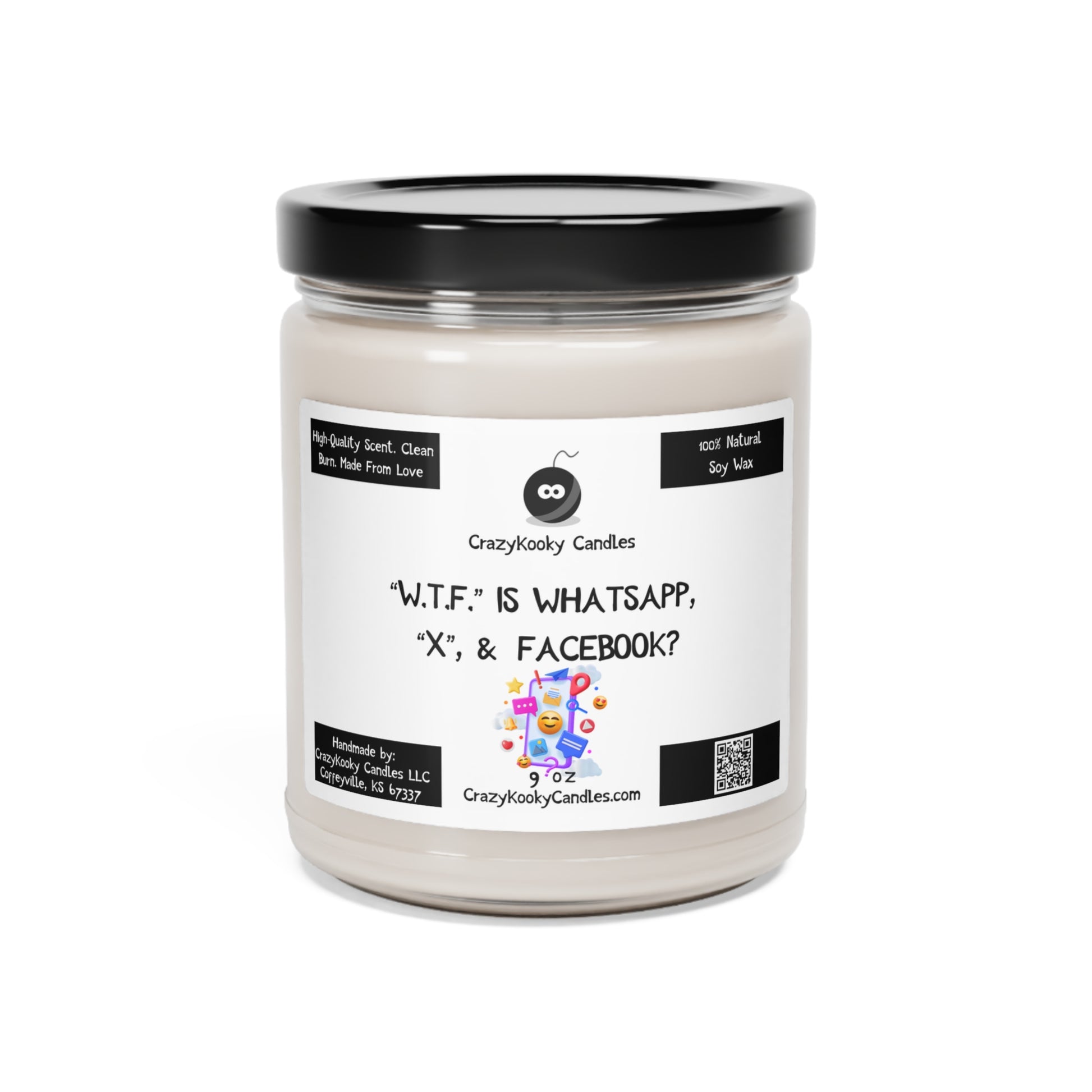 W.T.F. IS WHATSAPP, X, & FACEBOOK - Funny Candle, Scented Soy Candle, 9oz - CrazyKooky Candles LLC