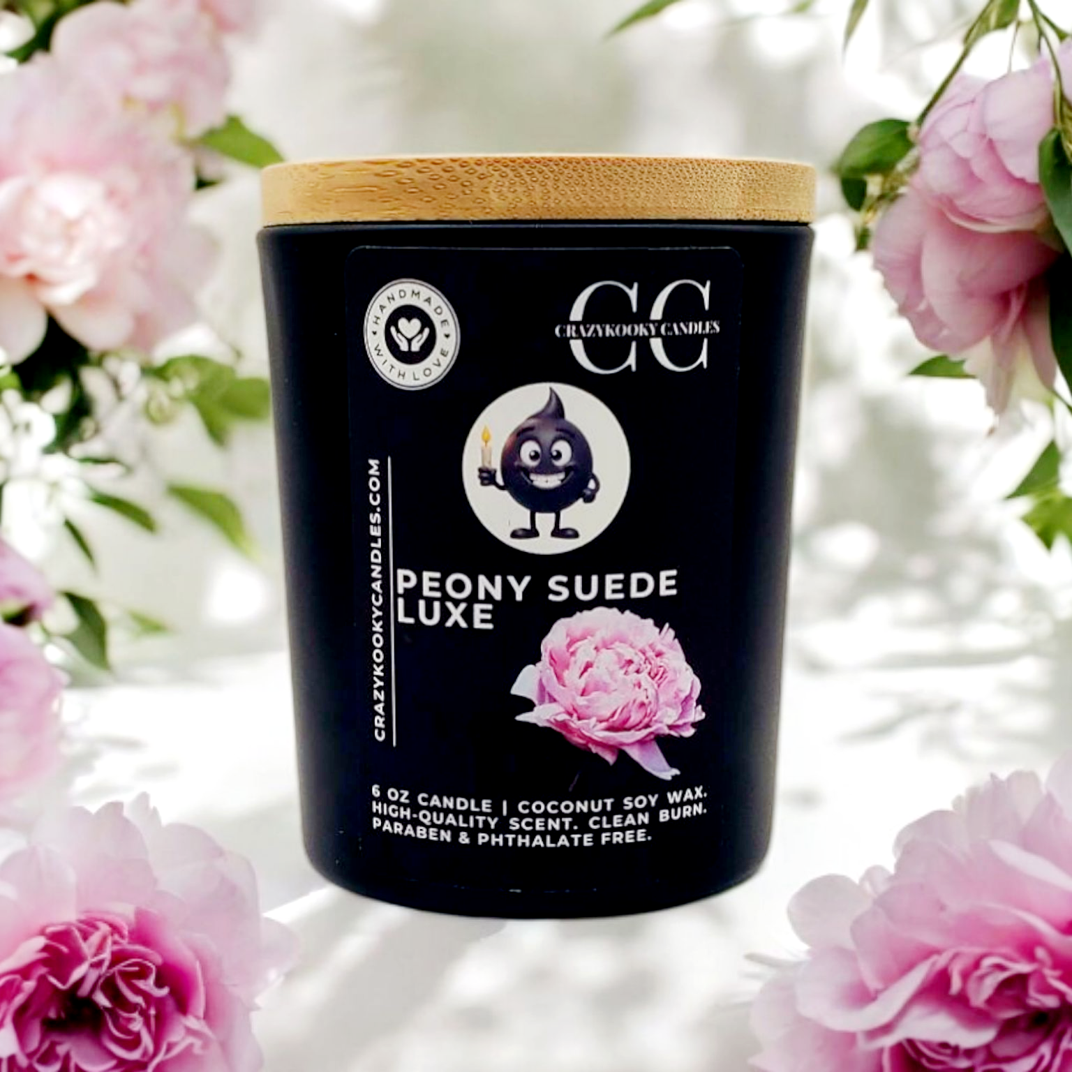 PEONY SUEDE LUXE - Funny Candle, Scented Coconut Soy Candle, 6oz - CrazyKooky Candles LLC