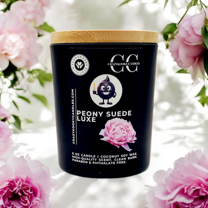 PEONY SUEDE LUXE - Funny Candle, Scented Coconut Soy Candle, 6oz - CrazyKooky Candles LLC