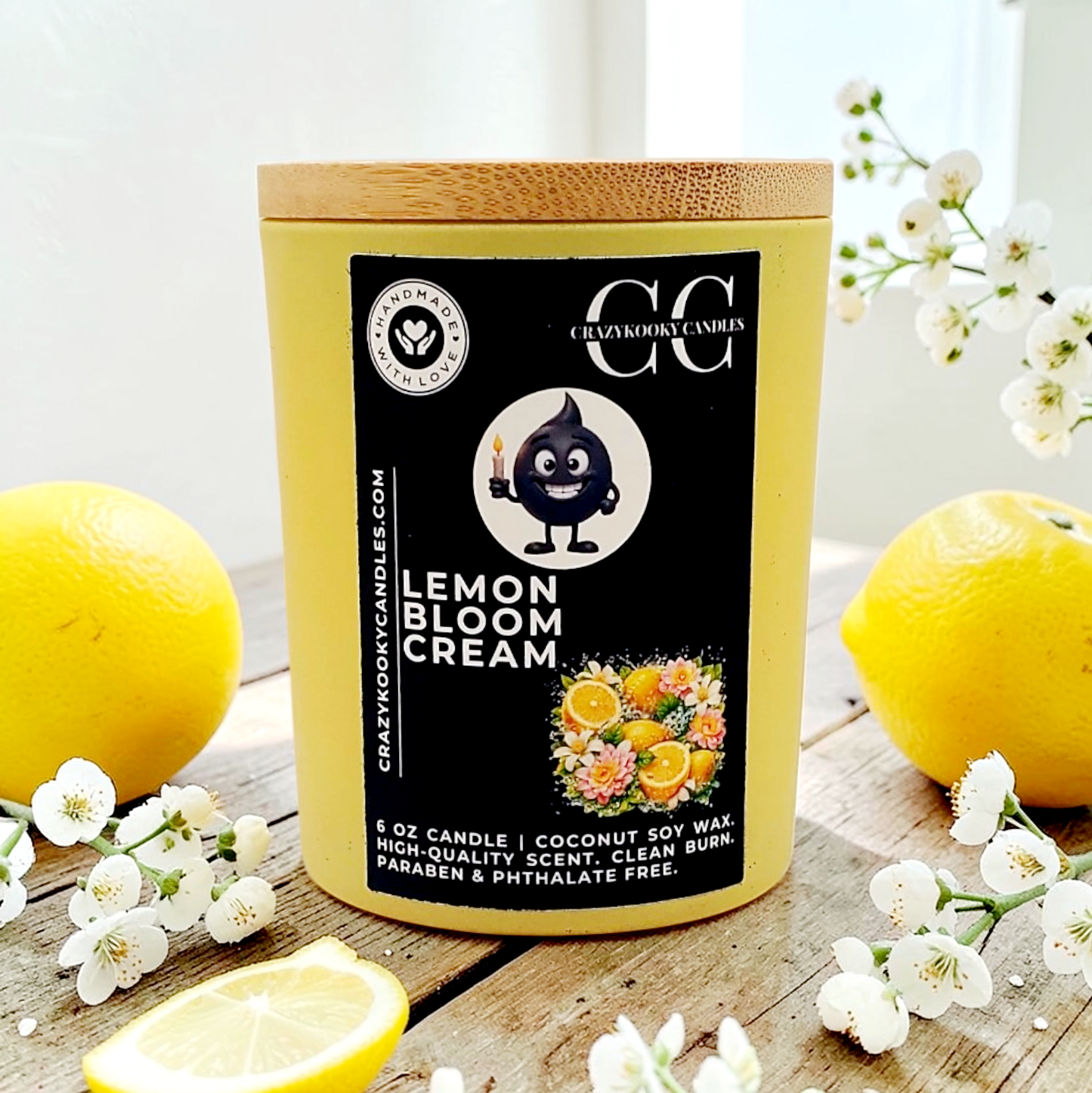 LEMON BLOOM CREAM - Funny Scented Coconut Soy Candle, 6oz - CrazyKooky Candles LLC