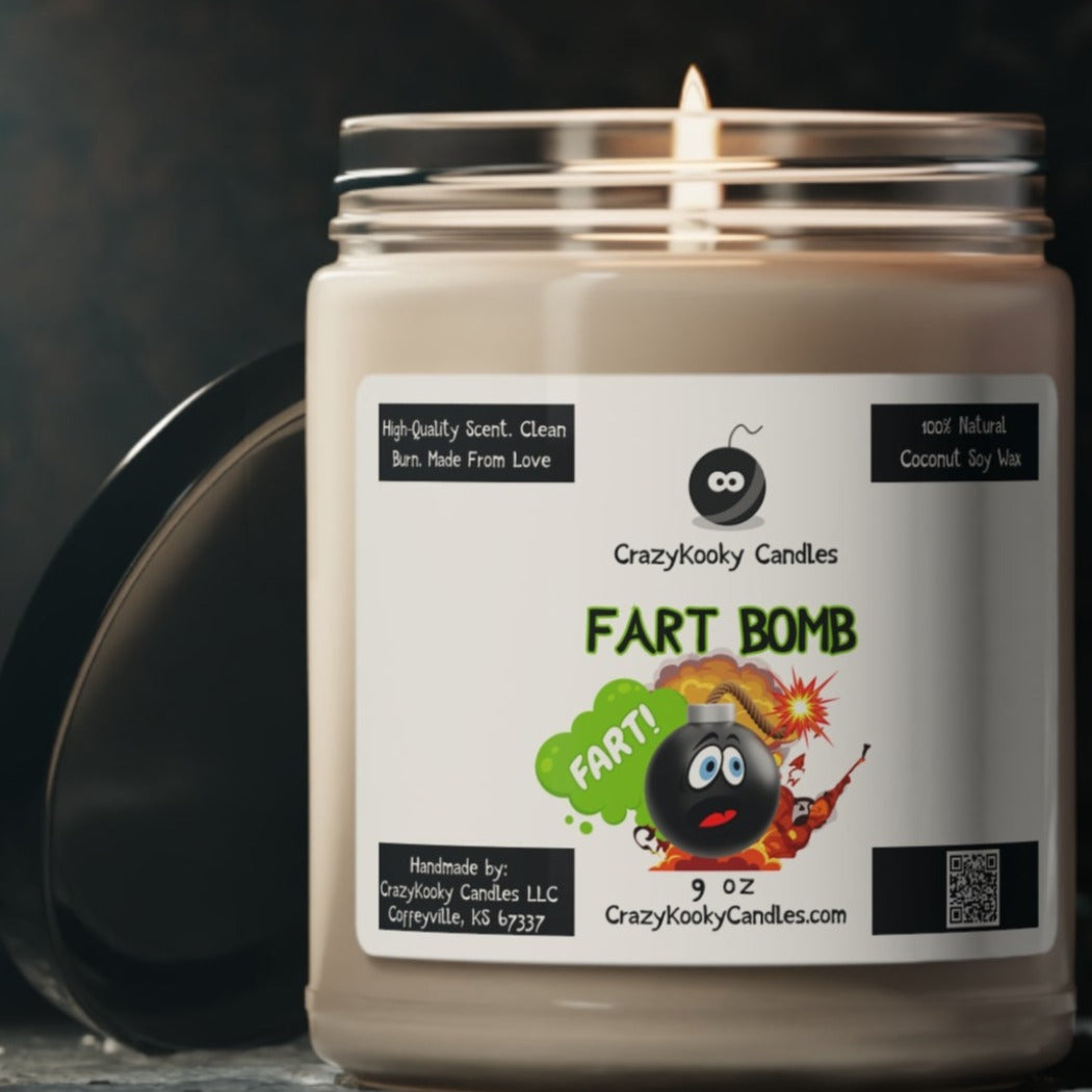 FART BOMB - Funny Candle, Scented Coconut Soy Candle, 9oz - CrazyKooky Candles LLC
