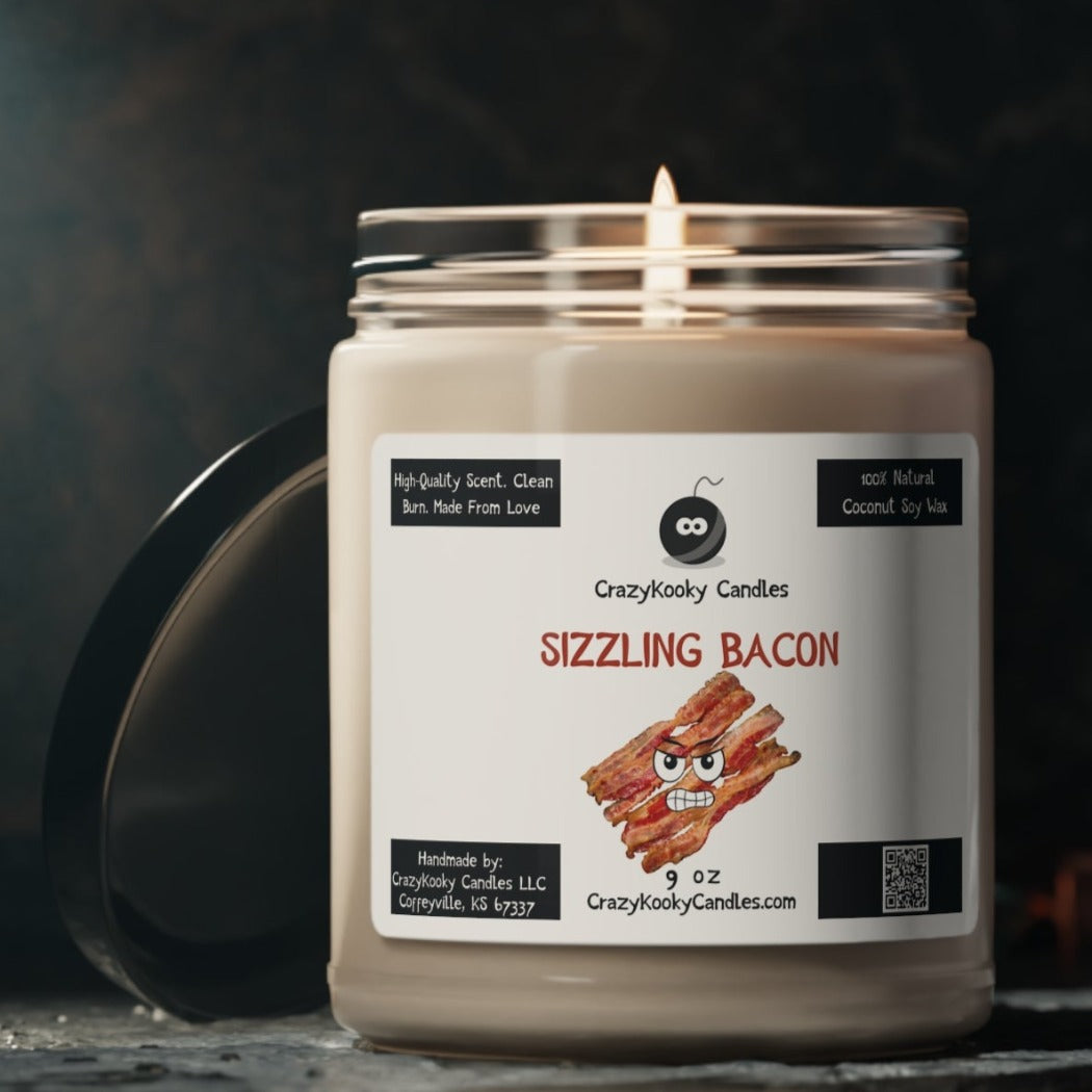 SIZZLING BACON - Funny Candle, Scented Coconut Soy Candle, 9oz - CrazyKooky Candles LLC