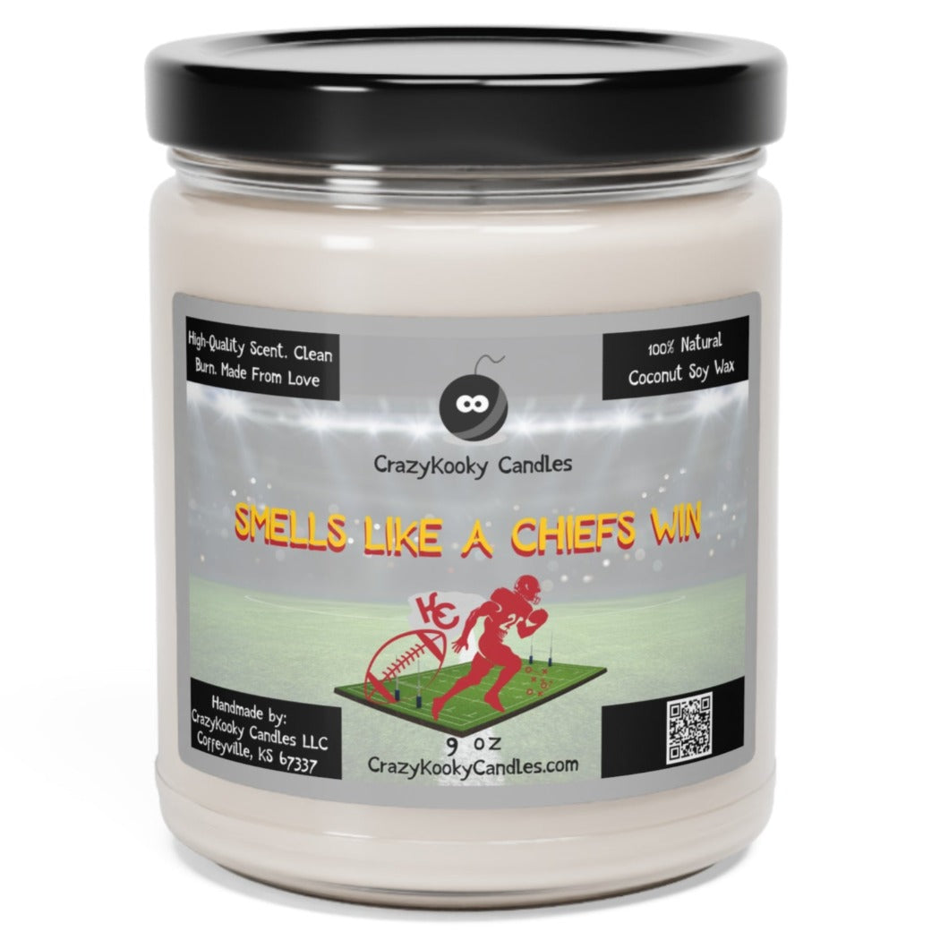 SMELLS LIKE A CHIEFS WIN - Funny Candle, Scented Coconut Soy Candle, 9oz - CrazyKooky Candles LLC