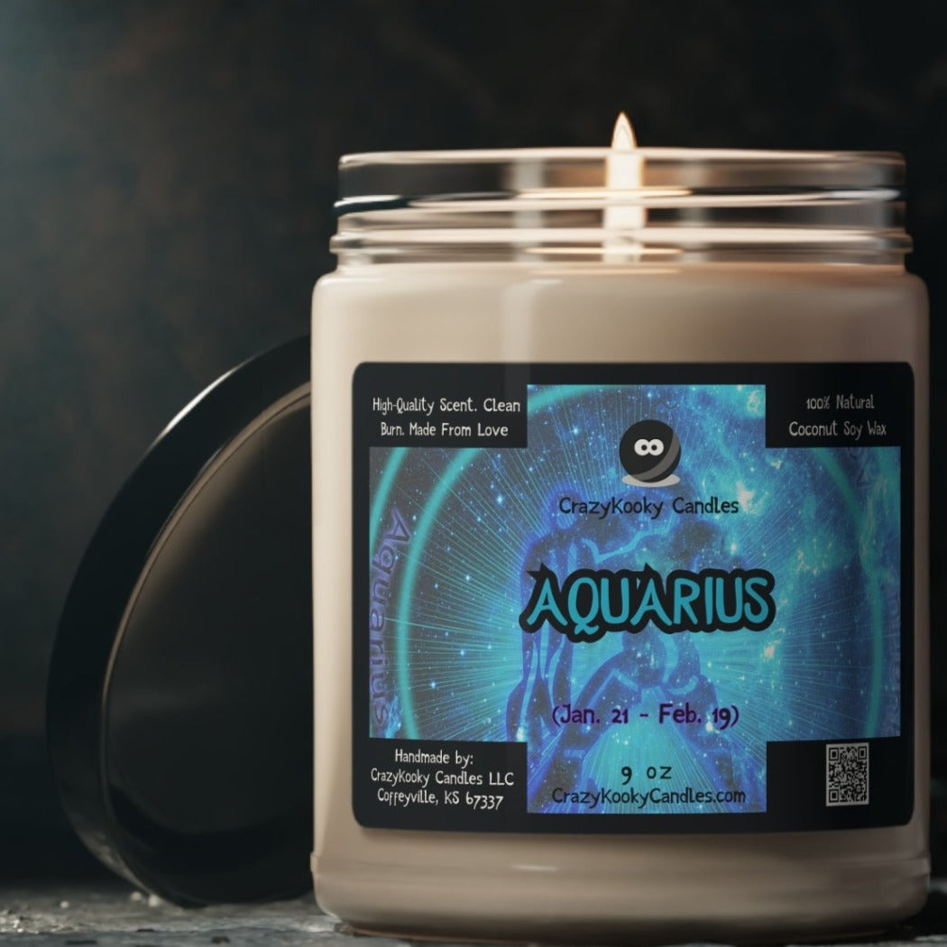 ZODIAC AQUARIUS - Funny Candle, Scented Coconut Soy Candle, 9oz - CrazyKooky Candles LLC