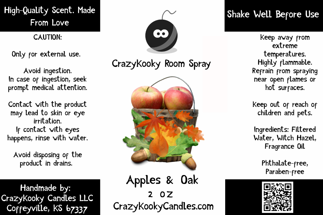 APPLES & OAK - Room Spray, 2oz - CrazyKooky Candles LLC