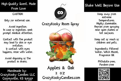 APPLES & OAK - Room Spray, 2oz - CrazyKooky Candles LLC