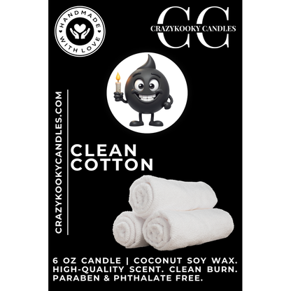 CLEAN COTTON - Funny Candle, Scented Coconut Soy Candle, 6oz - CrazyKooky Candles LLC