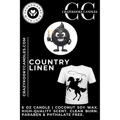 COUNTRY LINEN - Funny Candle, Scented Coconut Soy Candle, 6oz - CrazyKooky Candles LLC
