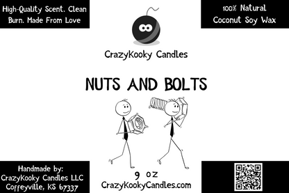 NUTS AND BOLTS - Funny Candle, Scented Coconut Soy Candle, 9oz - CrazyKooky Candles LLC