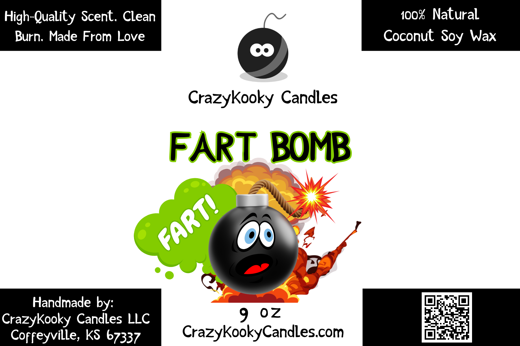 FART BOMB - Funny Candle, Scented Coconut Soy Candle, 9oz - CrazyKooky Candles LLC