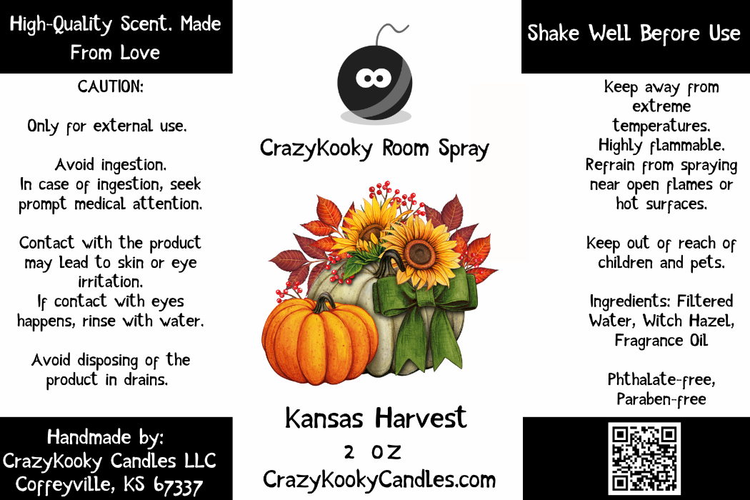 KANSAS HARVEST - Room Spray, 2oz - CrazyKooky Candles LLC