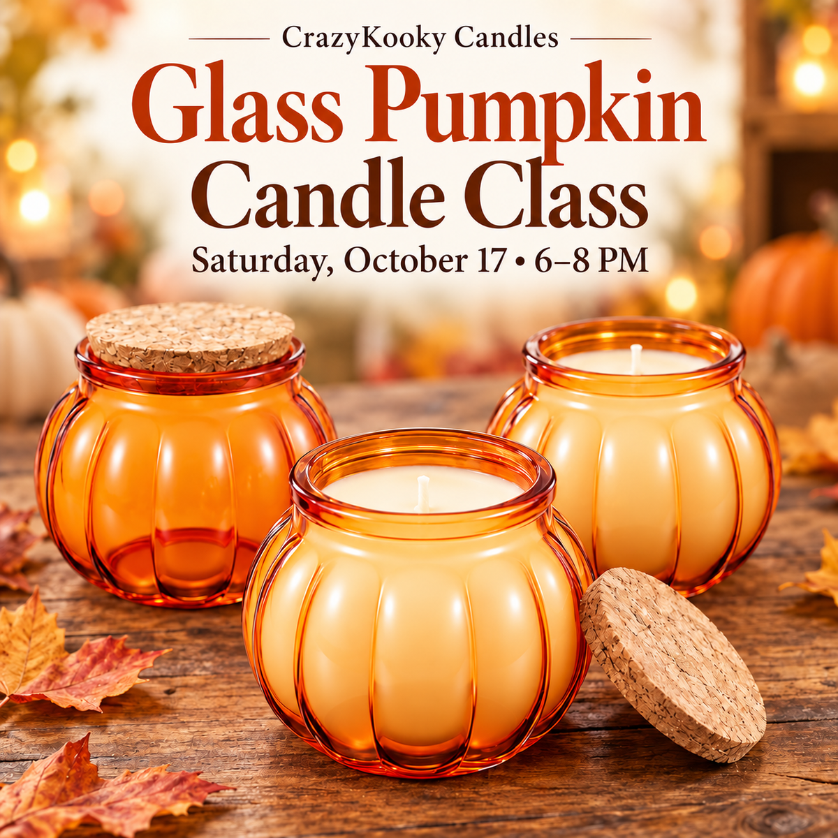 Three amber glass pumpkin-shaped candles with cork lids are arranged on a rustic wooden table with autumn leaves and warm blurred lights in the background. Large text at the top reads 'CrazyKookyCandles Glass Pumpkin Candle Class Saturday, October 17 • 6–8 PM'.