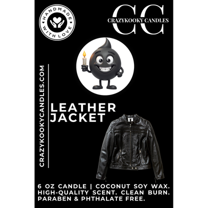 LEATHER JACKET - Funny Candle, Scented Coconut Soy Candle, 6oz - CrazyKooky Candles LLC