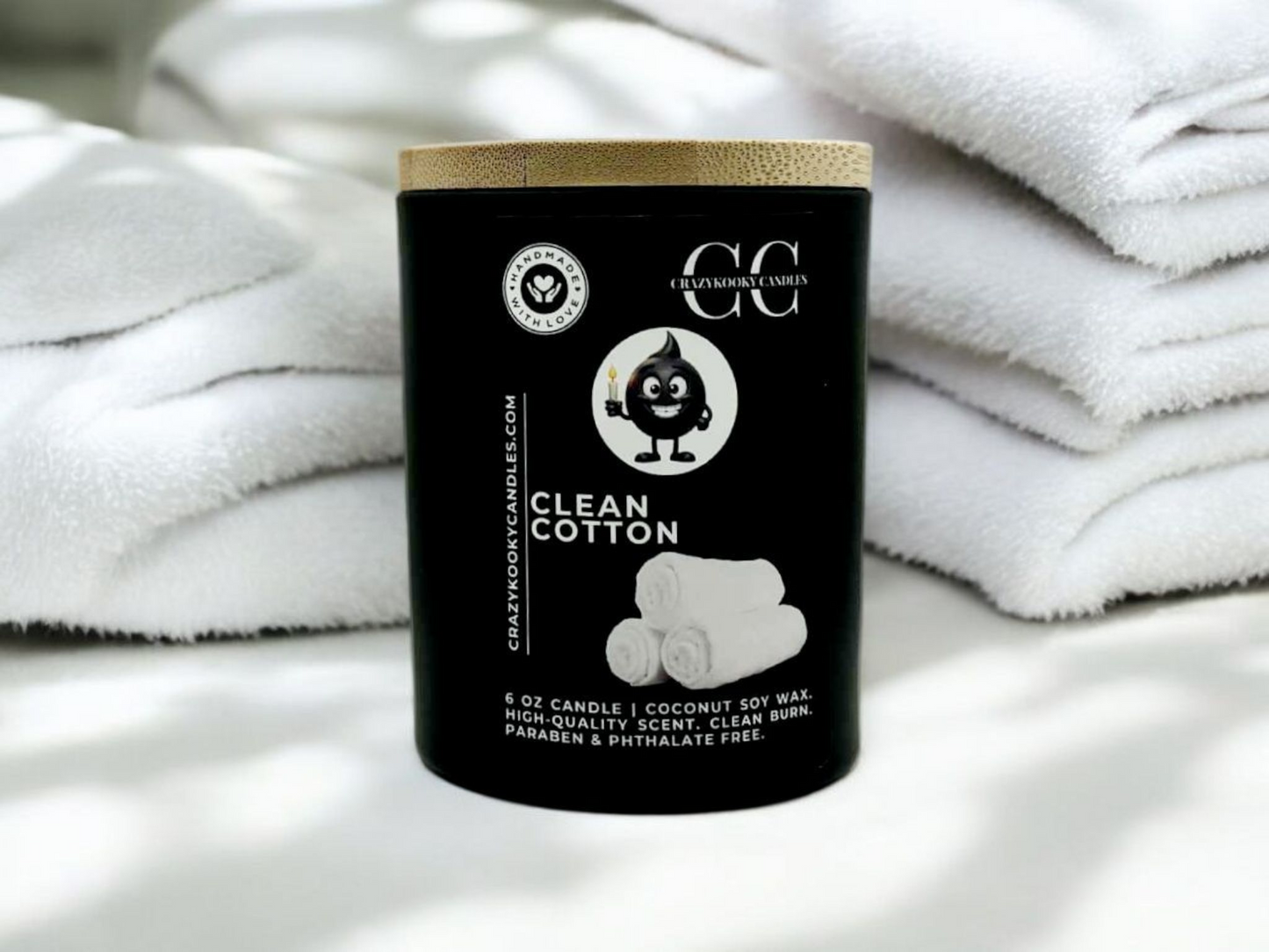 CLEAN COTTON - Funny Candle, Scented Coconut Soy Candle, 6oz - CrazyKooky Candles LLC