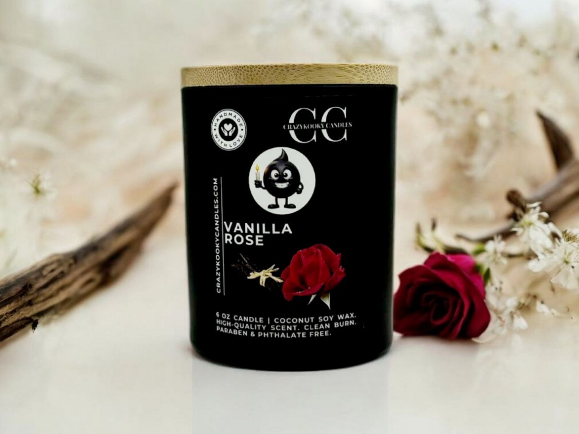 VANILLA ROSE - Funny Candle, Scented Coconut Soy Candle, 6oz - CrazyKooky Candles LLC