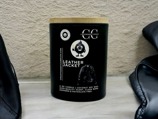 LEATHER JACKET - Funny Candle, Scented Coconut Soy Candle, 6oz - CrazyKooky Candles LLC