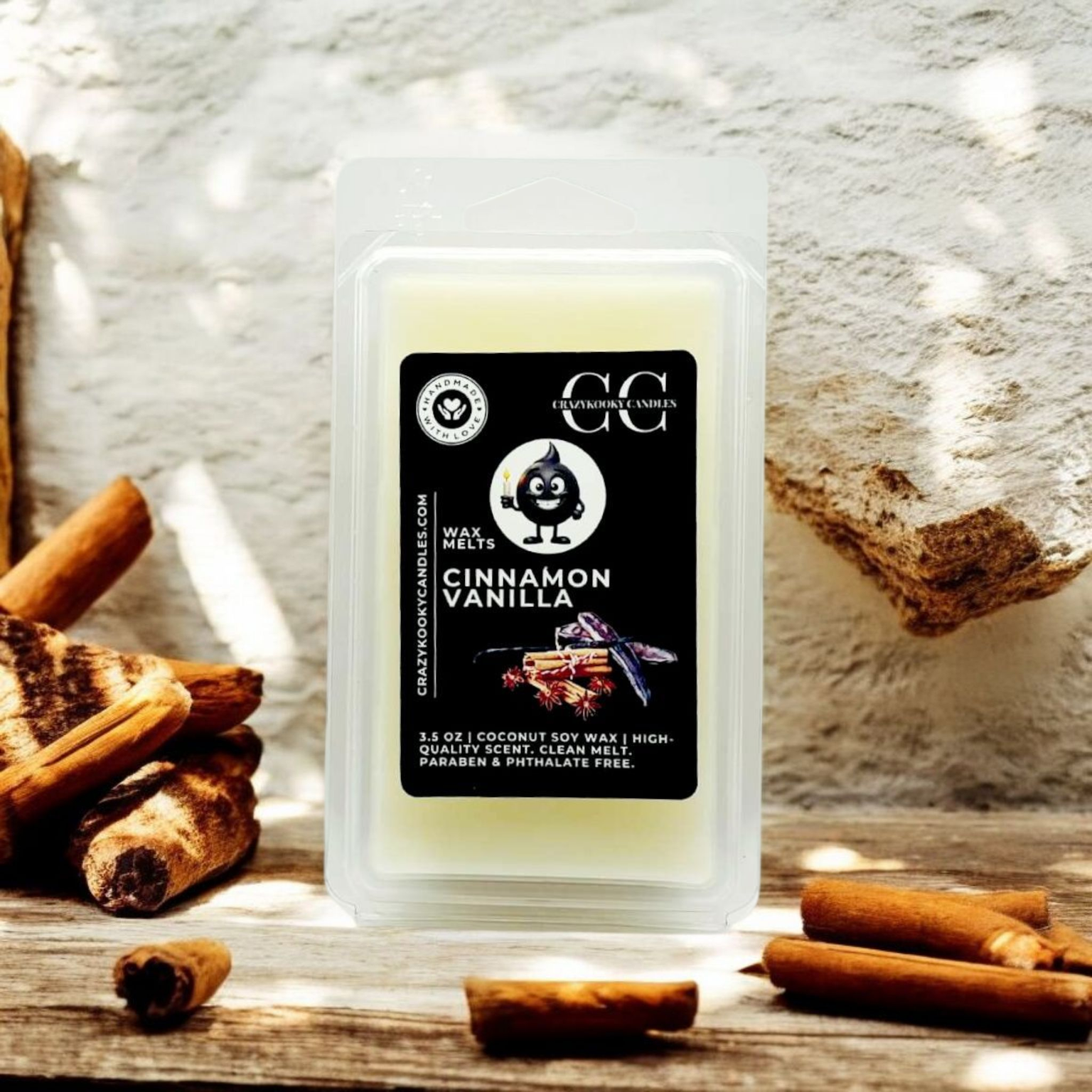 CINNAMON VANILLA - Wax Melts, Scented Coconut Soy, 3.5oz - CrazyKooky Candles LLC
