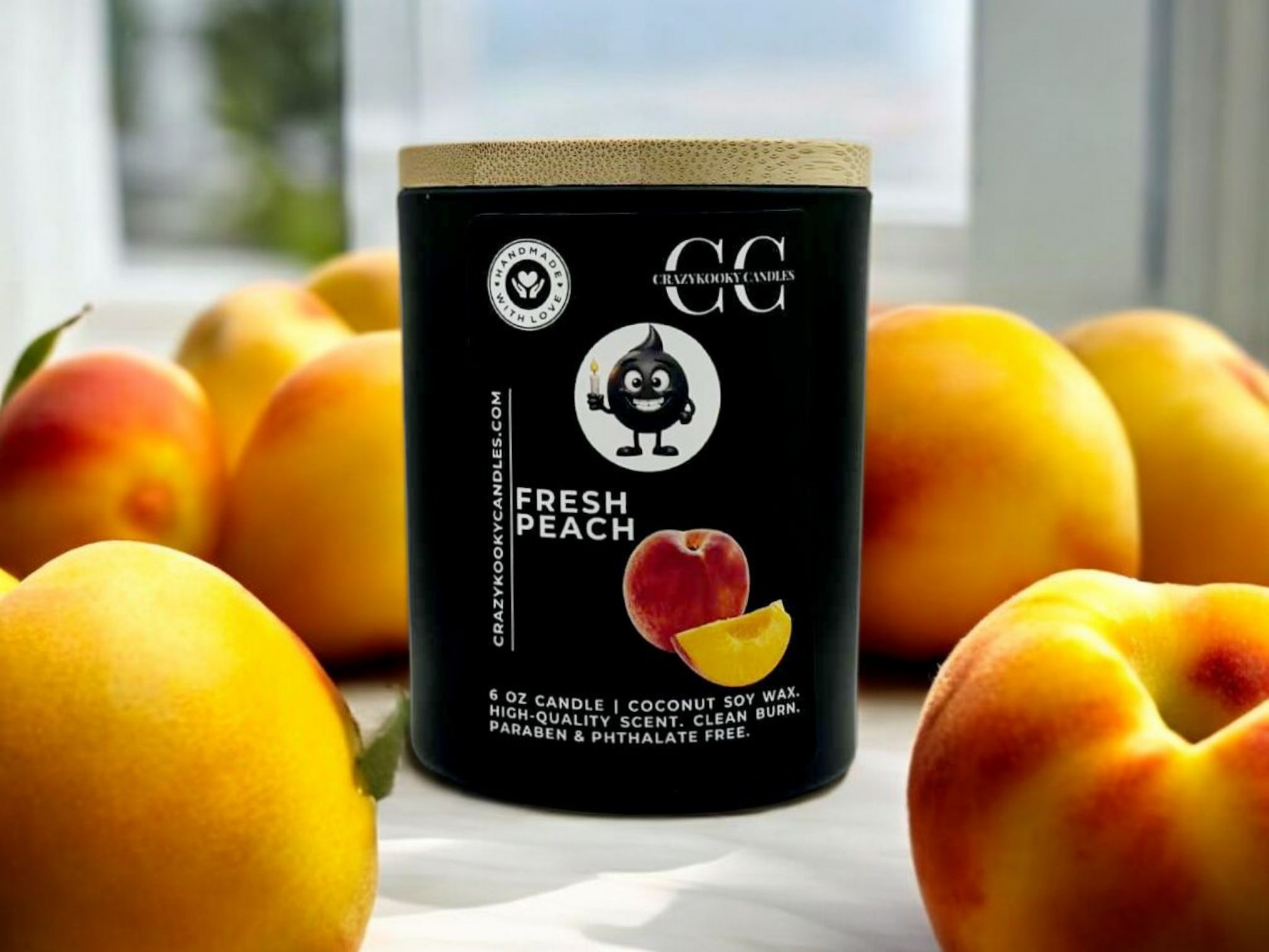 FRESH PEACH - Funny Candle, Scented Coconut Soy Candle, 6oz - CrazyKooky Candles LLC