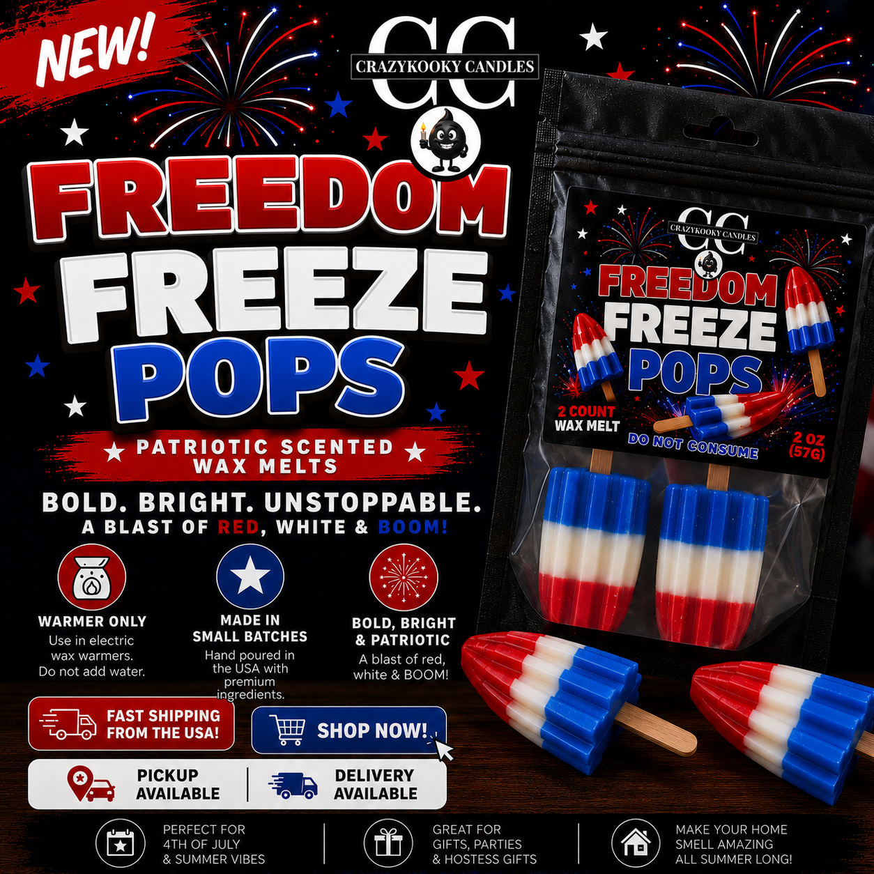 FREEDOM FREEZE POPS - Wax Melts, Scented Coconut Soy, 2oz