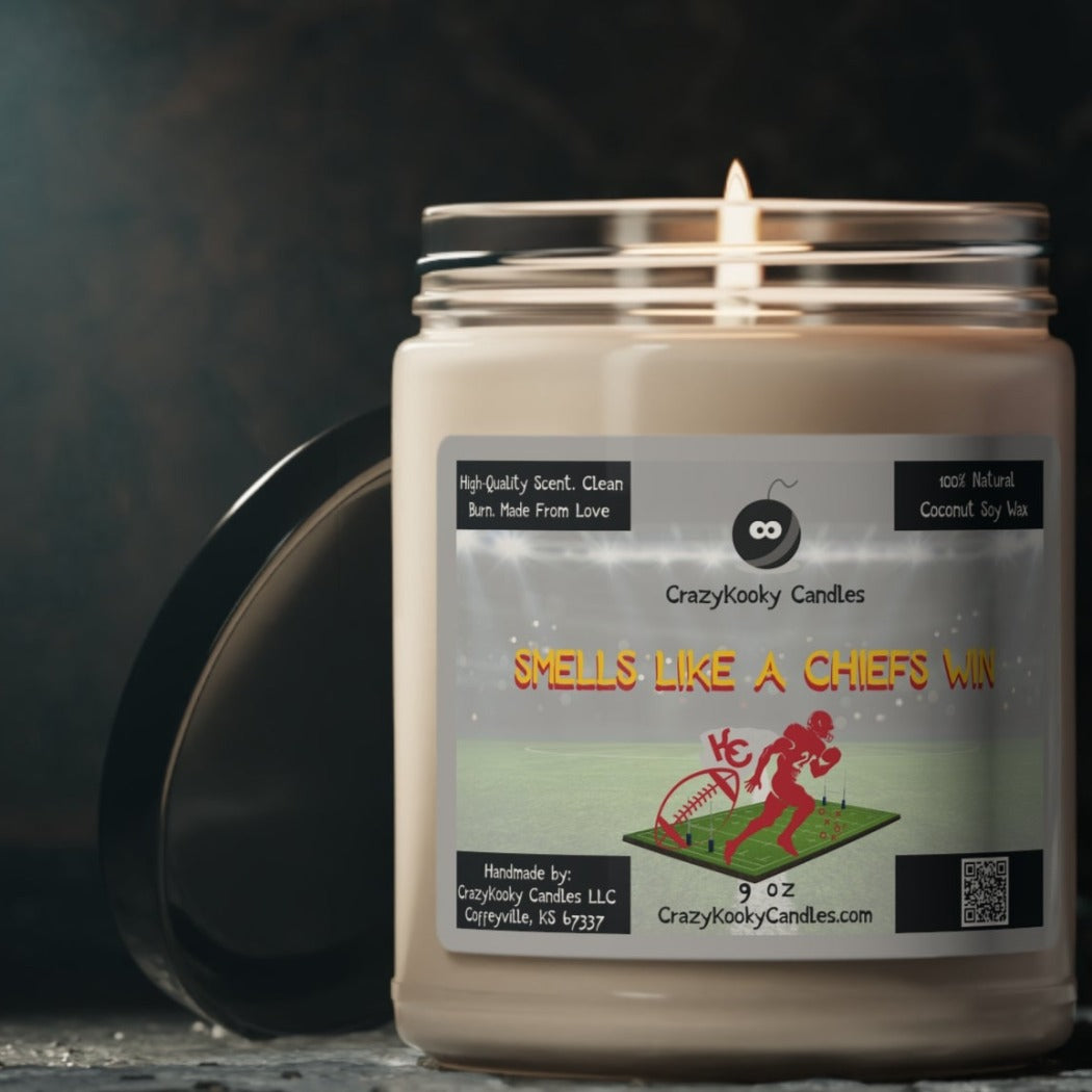SMELLS LIKE A CHIEFS WIN - Funny Candle, Scented Coconut Soy Candle, 9oz - CrazyKooky Candles LLC