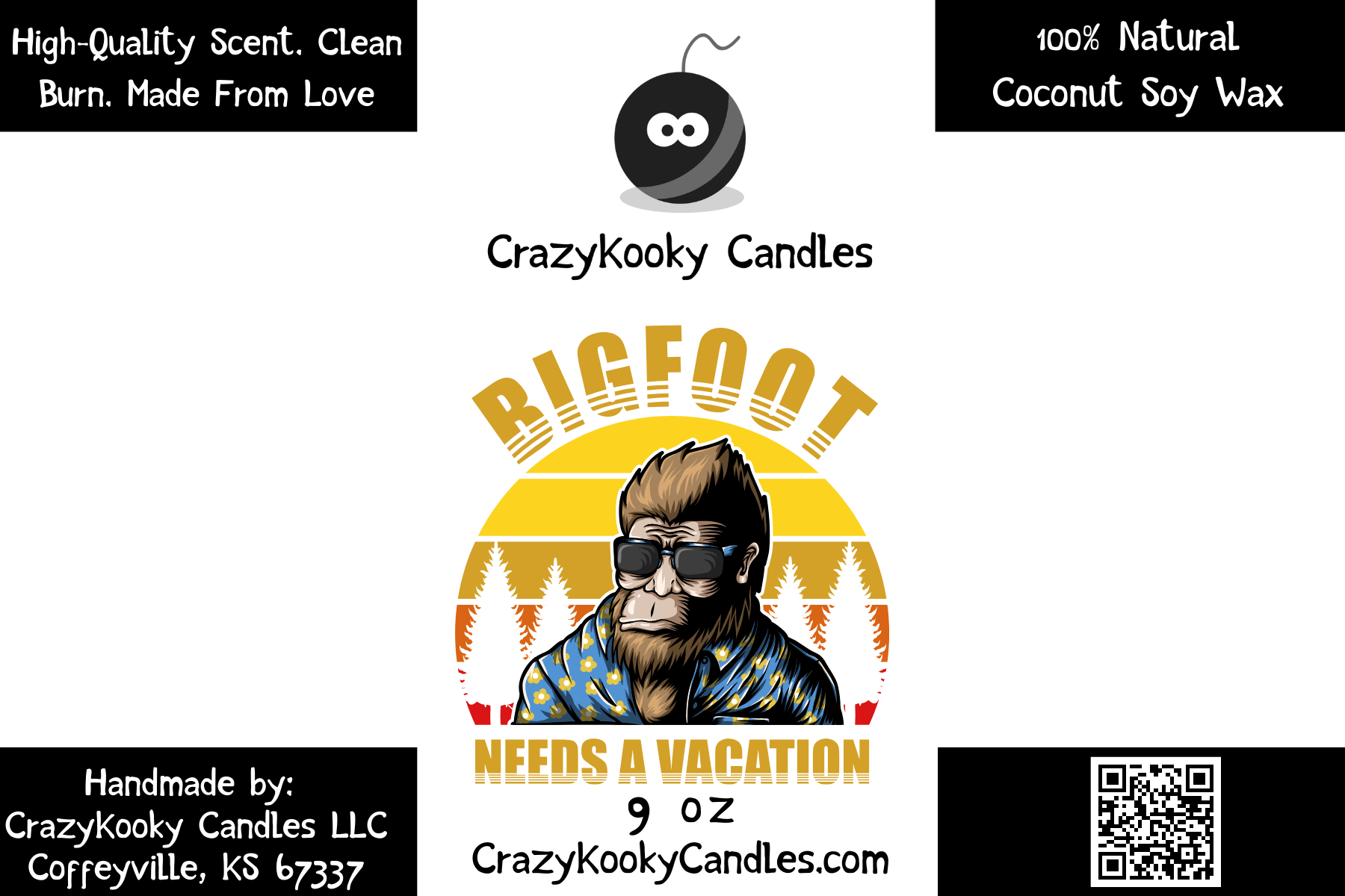 BIGFOOT NEEDS A VACATION - Funny Candle, Scented Coconut Soy Candle, 9oz - CrazyKooky Candles LLC