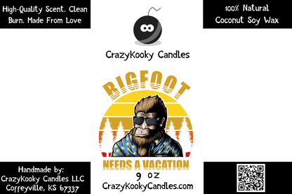 BIGFOOT NEEDS A VACATION - Funny Candle, Scented Coconut Soy Candle, 9oz - CrazyKooky Candles LLC