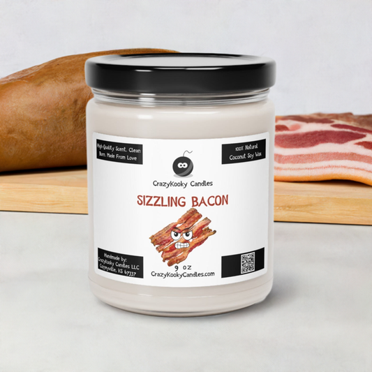 SIZZLING BACON - Funny Candle, Scented Coconut Soy Candle, 9oz - CrazyKooky Candles LLC