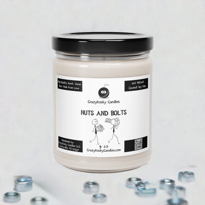 NUTS AND BOLTS - Funny Candle, Scented Coconut Soy Candle, 9oz - CrazyKooky Candles LLC