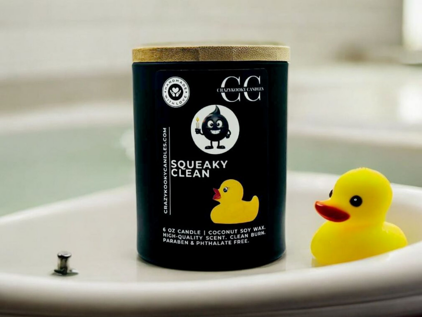 SQUEAKY CLEAN - Funny Candle, Scented Coconut Soy Candle, 6oz - CrazyKooky Candles LLC